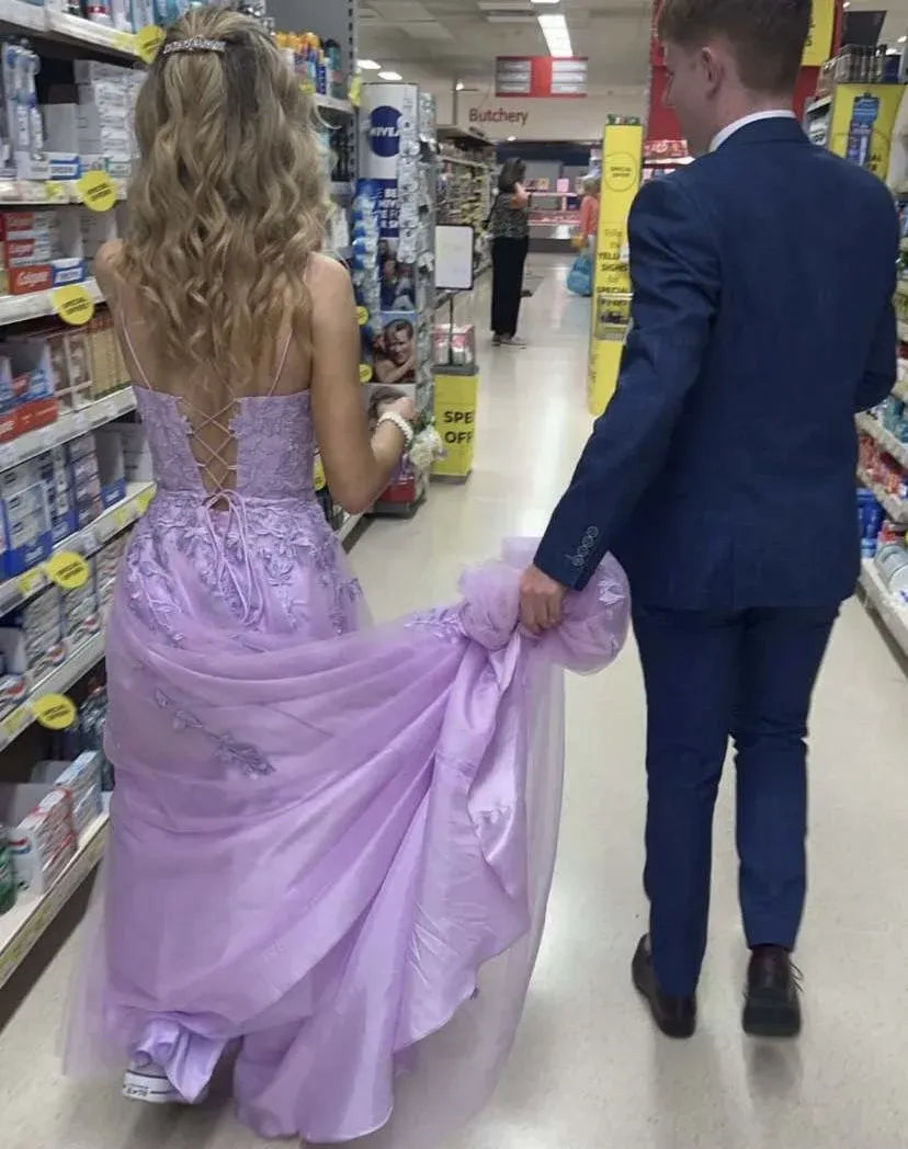Whimsical A-Line Spaghetti Strap Lace-Up Back Floral Appliqué Tulle Floor-Length Prom Gown