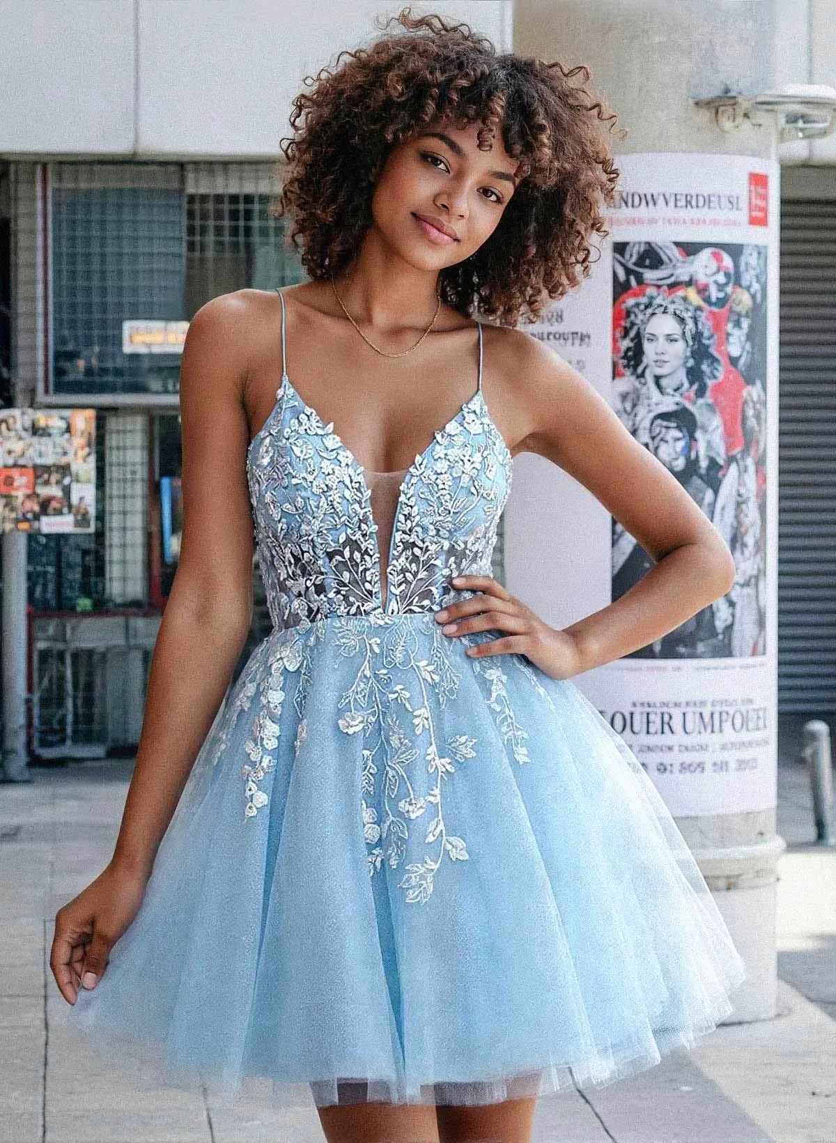 Whimsical A-Line Spaghetti Strap V-Neck Lace-Up Back Floral Appliqué Glitter Tulle Mini Homecoming Dress
