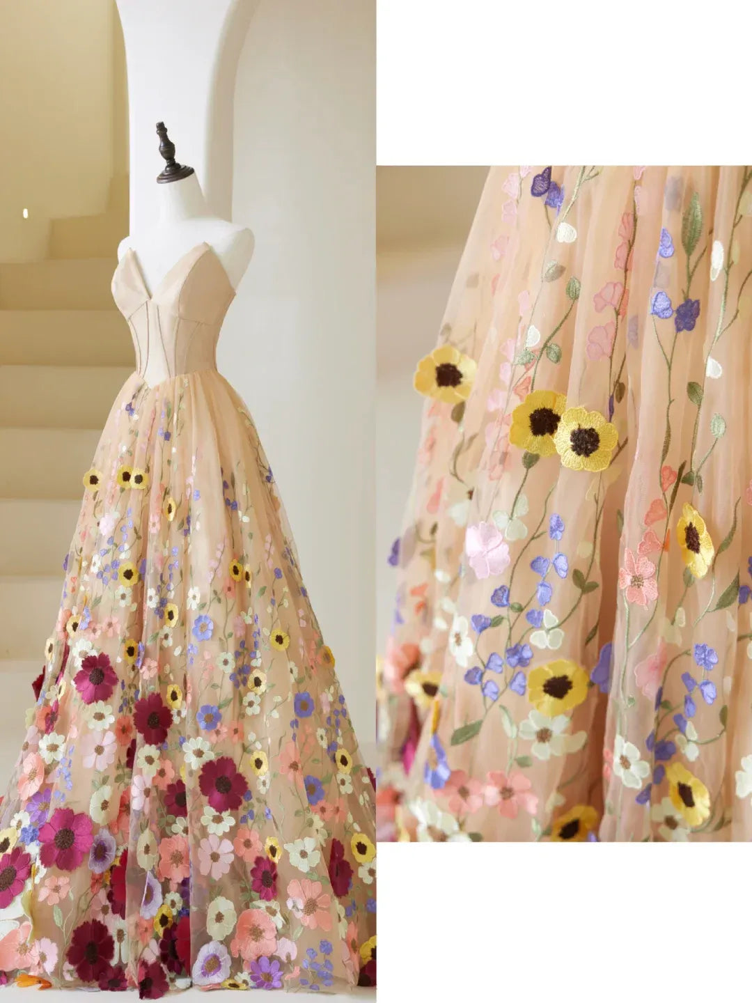 Whimsical A-Line Strapless Sweetheart Corset Floral Appliqué Tulle Floor-Length Evening Gown