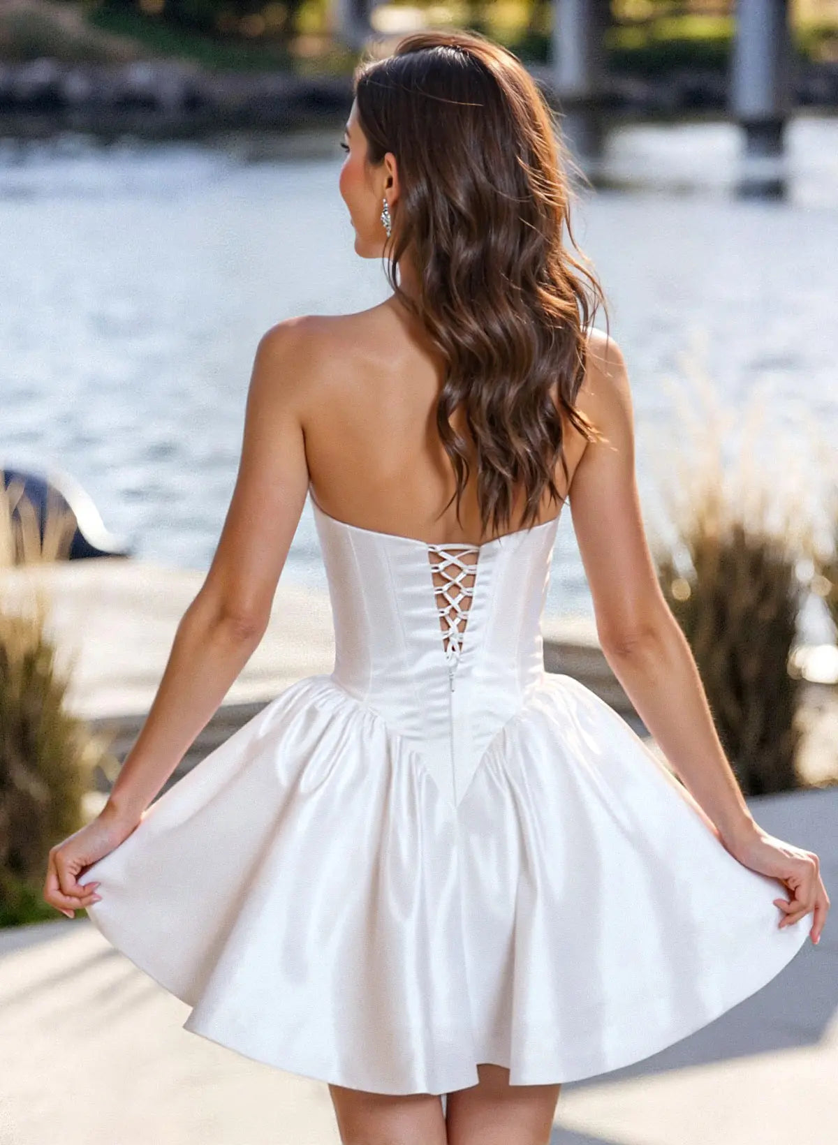 Whimsical A-Line Strapless Sweetheart Corset Lace-Up Back Satin White Mini Homecoming Dress