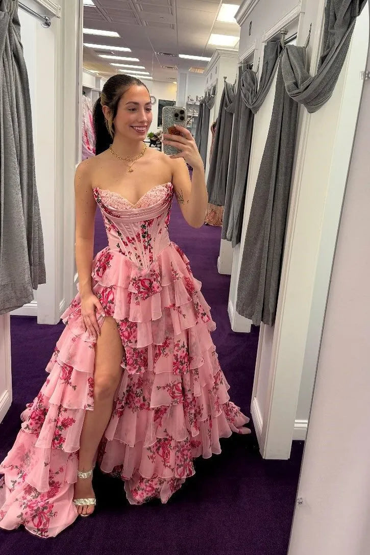 Whimsical A-Line Strapless Sweetheart Lace-Up Corset Tiered Floral Chiffon High-Slit Floor-Length Evening Gown