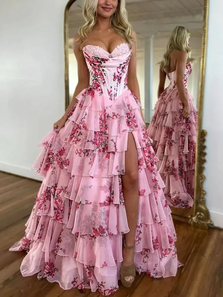 Whimsical A-Line Strapless Sweetheart Lace-Up Corset Tiered Floral Chiffon High-Slit Floor-Length Evening Gown