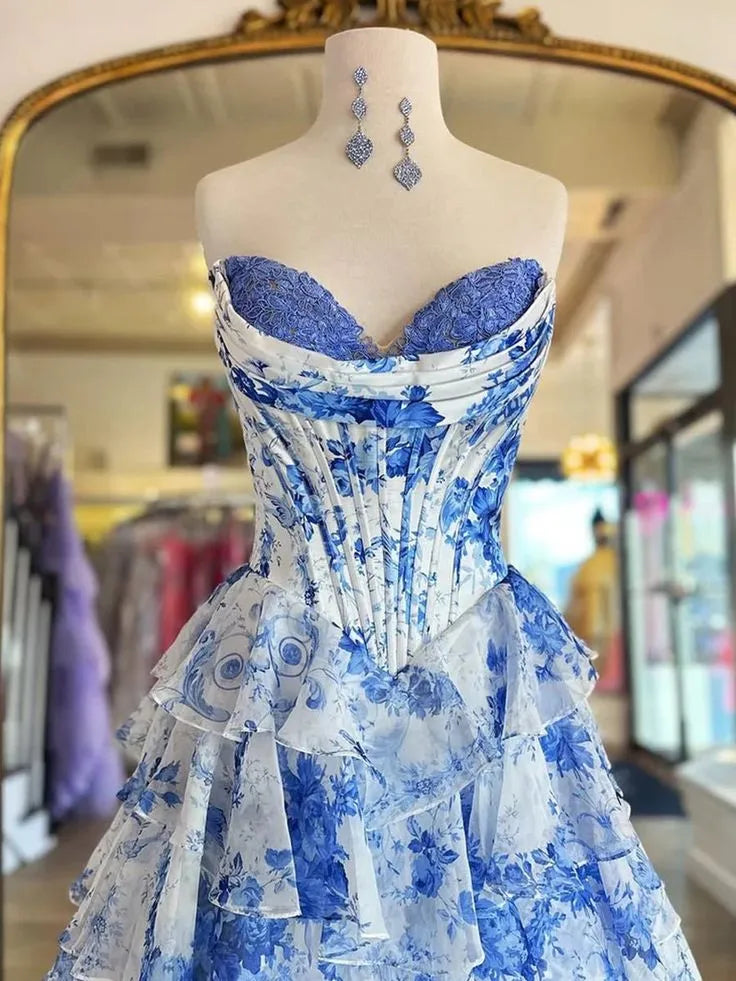 Whimsical A-Line Strapless Sweetheart Lace-Up Corset Tiered Floral Chiffon High-Slit Floor-Length Evening Gown