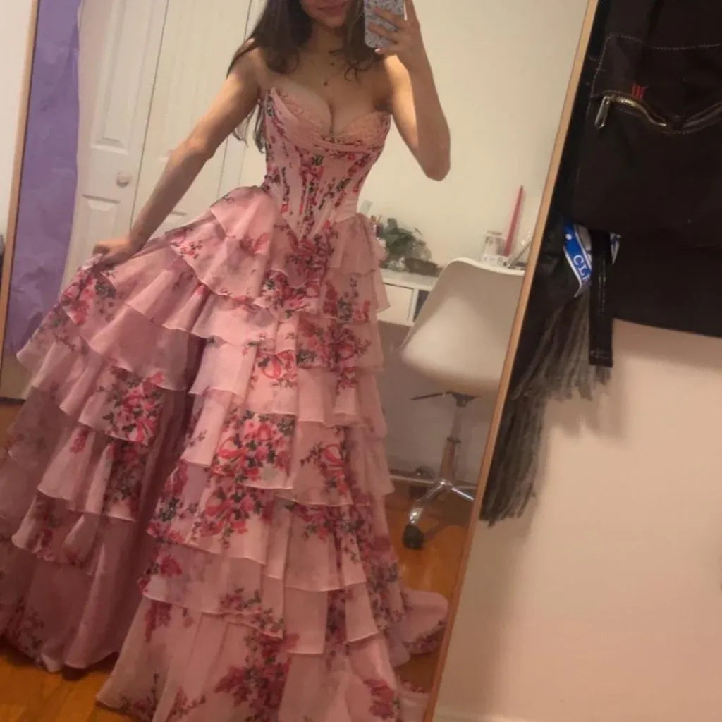 Whimsical A-Line Strapless Sweetheart Lace-Up Corset Tiered Floral Chiffon High-Slit Floor-Length Evening Gown