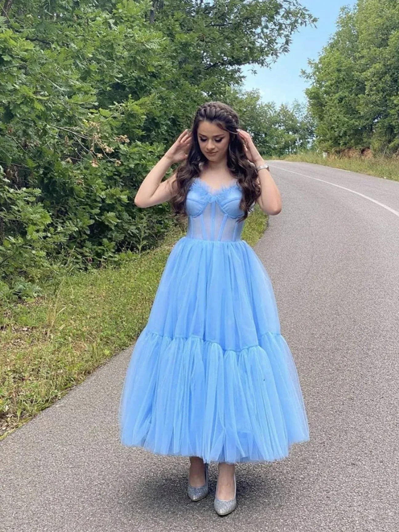 Whimsical A-Line Sweetheart Neck Spaghetti Strap Ruffle Tulle Maxi Prom Dress