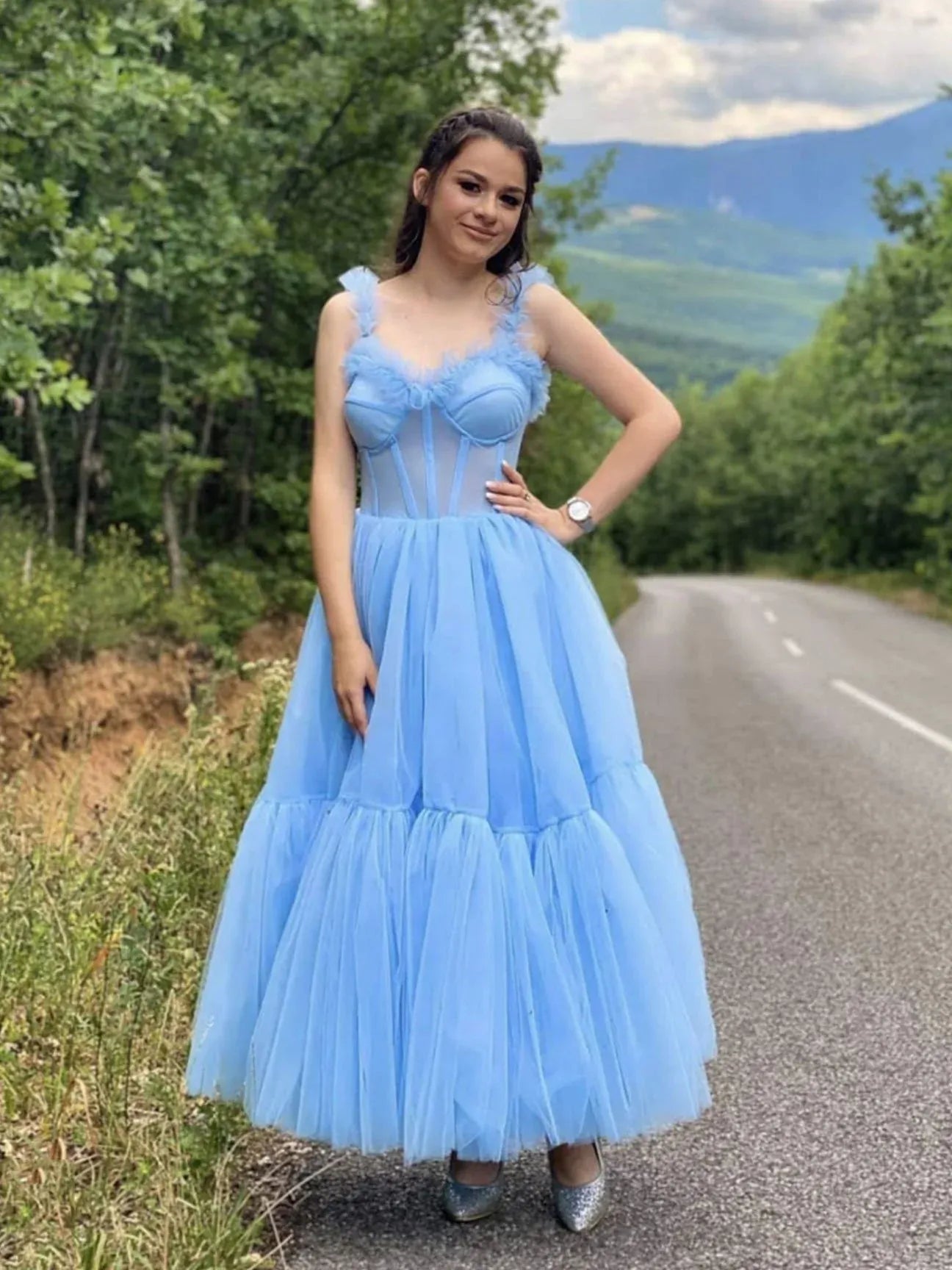 Whimsical A-Line Sweetheart Neck Spaghetti Strap Ruffle Tulle Maxi Prom Dress