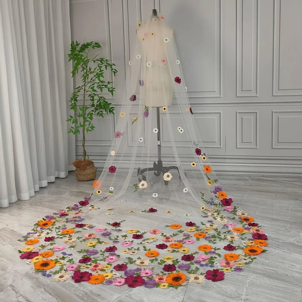 Whimsical Floral Applique Tulle Cathedral Wedding Veil