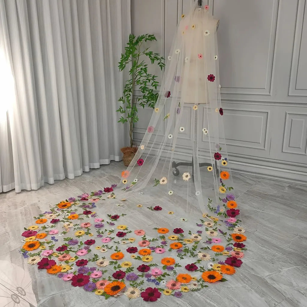 Whimsical Floral Applique Tulle Cathedral Wedding Veil