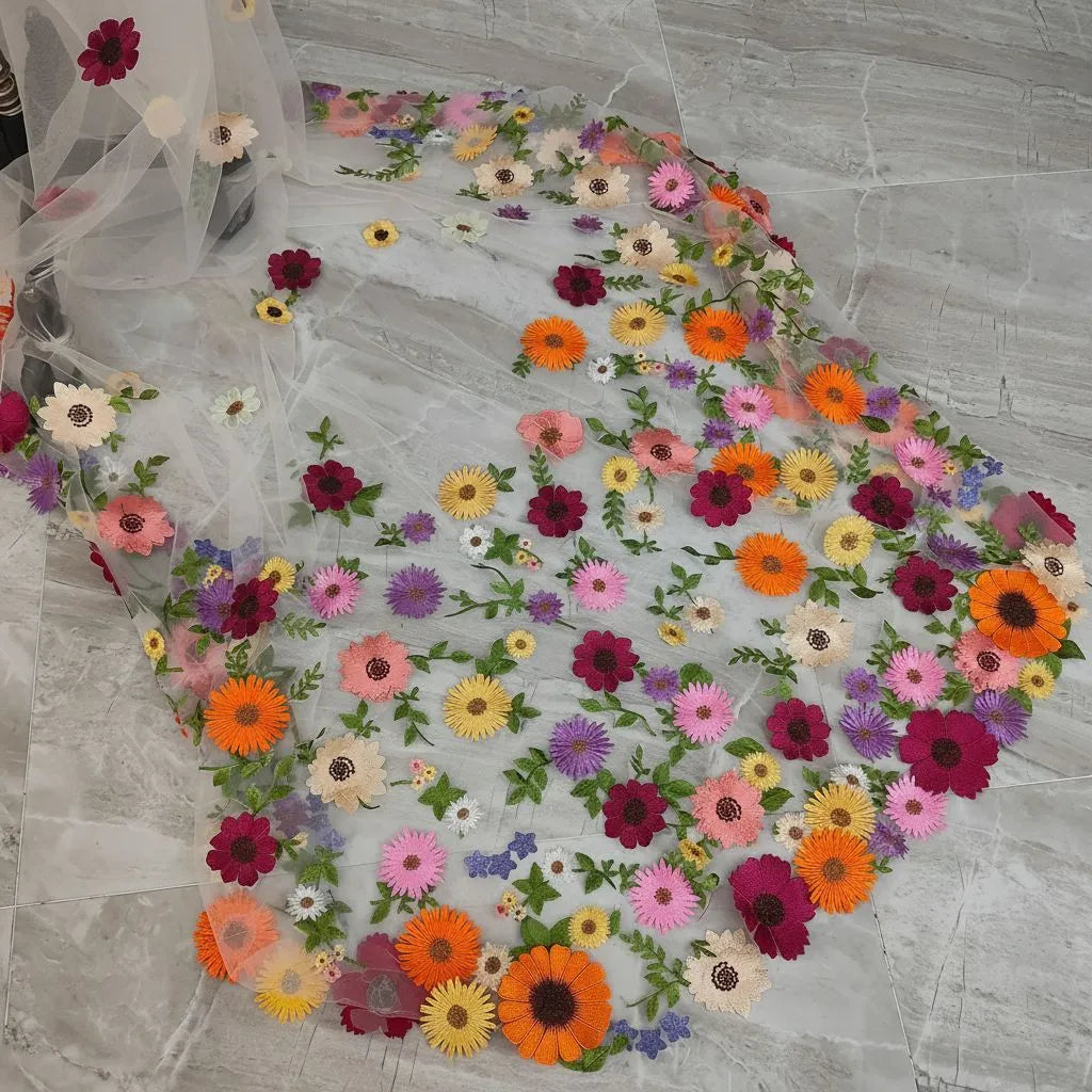 Whimsical Floral Applique Tulle Cathedral Wedding Veil