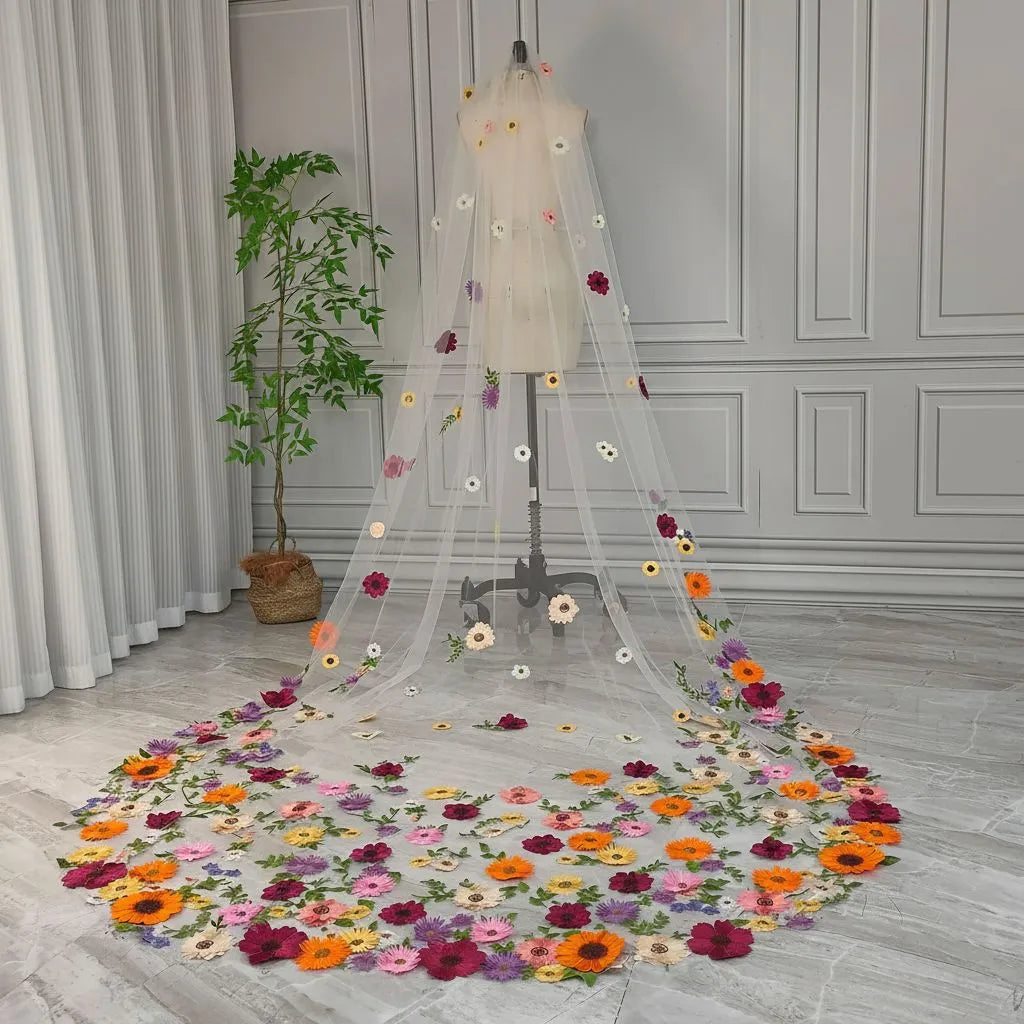 Whimsical Floral Applique Tulle Cathedral Wedding Veil