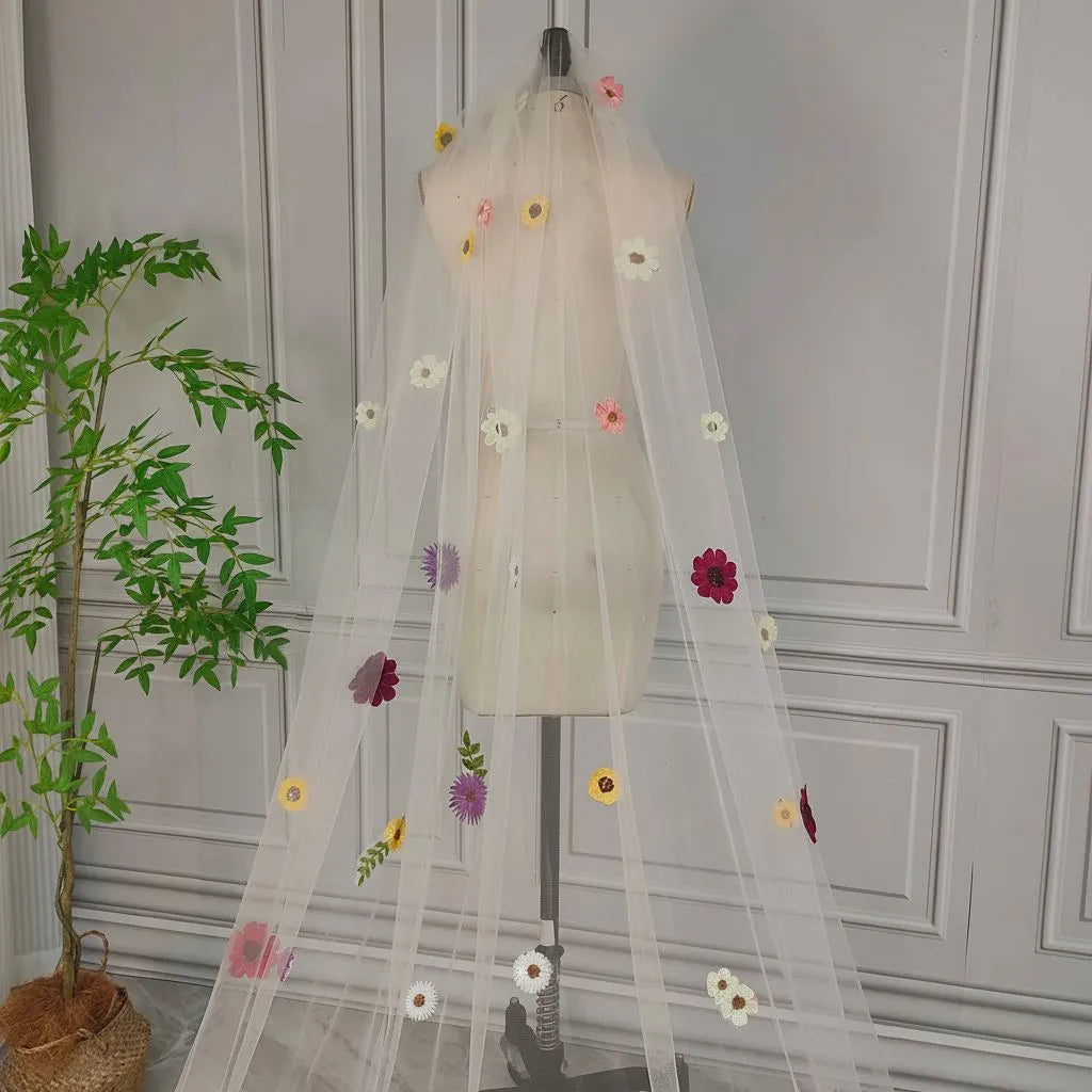 Whimsical Floral Applique Tulle Cathedral Wedding Veil