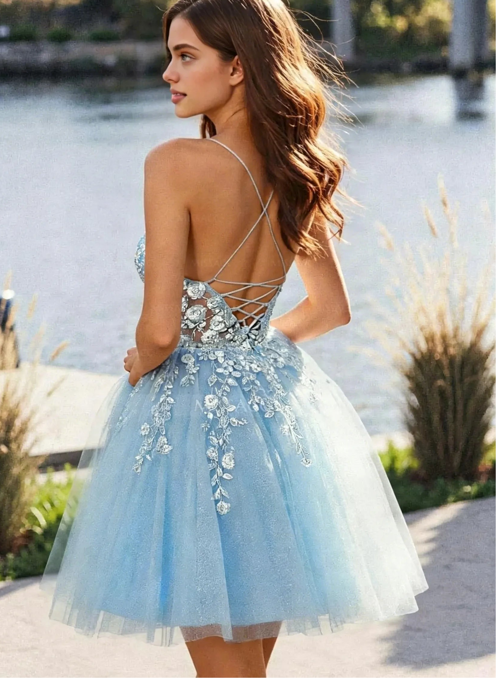 Whimsical A-Line Spaghetti Strap V-Neck Lace-Up Back Floral Appliqué Glitter Tulle Mini Homecoming Dress