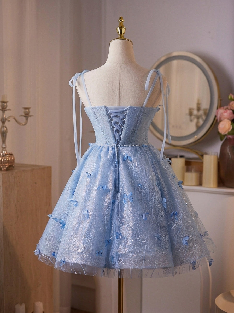 Whimsical A-Line Sweetheart Tie-Shoulder Butterfly Applique Light Blue Short Homecoming Dress