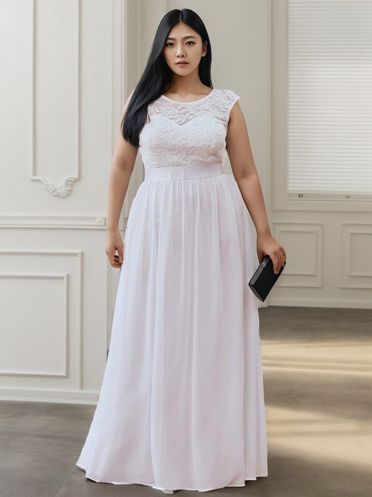 Robe de demoiselle d'honneur Weitese grande taille, classique, col rond, dos en V, coupe trapèze, en mousseline de soie et dentelle