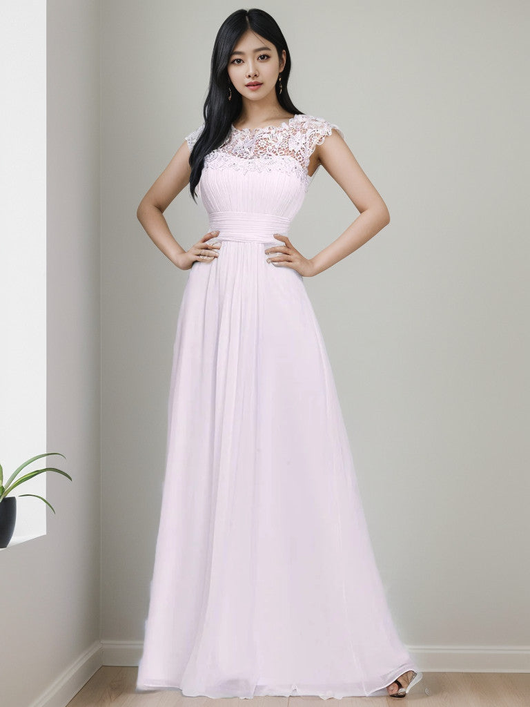Weitese Maxi Lace Cap Sleeve Long Formal Evening Dress