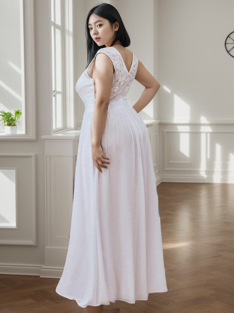 Robe de demoiselle d'honneur Weitese grande taille, classique, col rond, dos en V, coupe trapèze, en mousseline de soie et dentelle