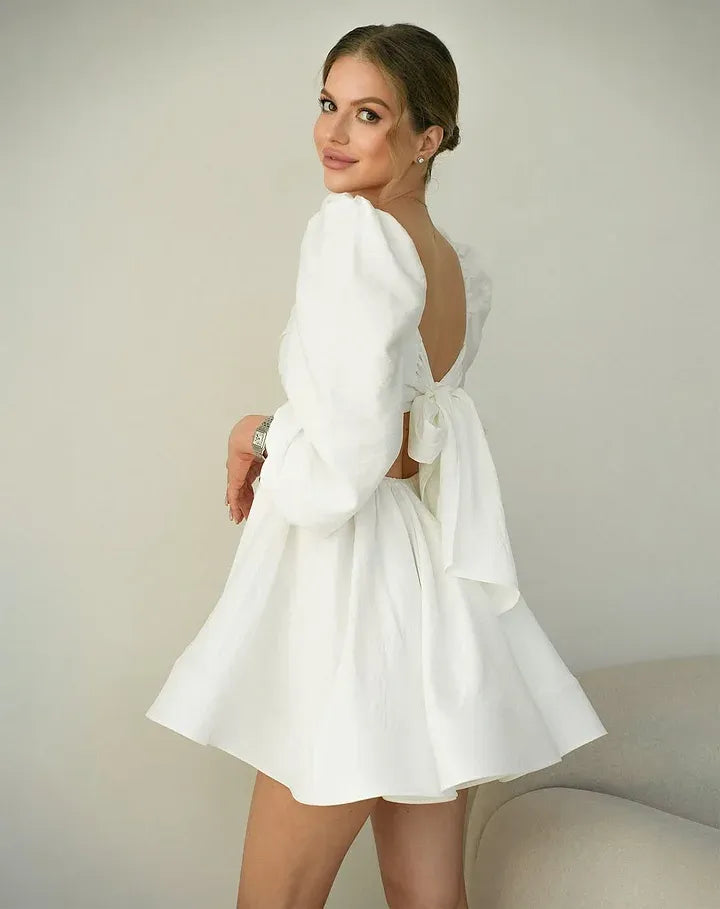 White Puff Sleeve Sweetheart Bow Back A-Line Casual Bridal Mini Dress