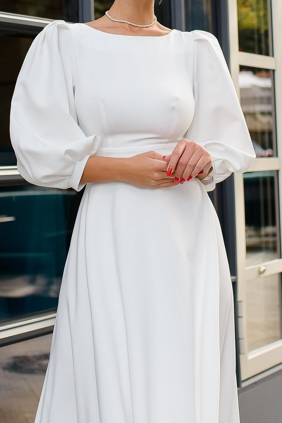 White Backless Round Neck Ankle Length Short Puff-Sleeve Party Dress Prom Dress