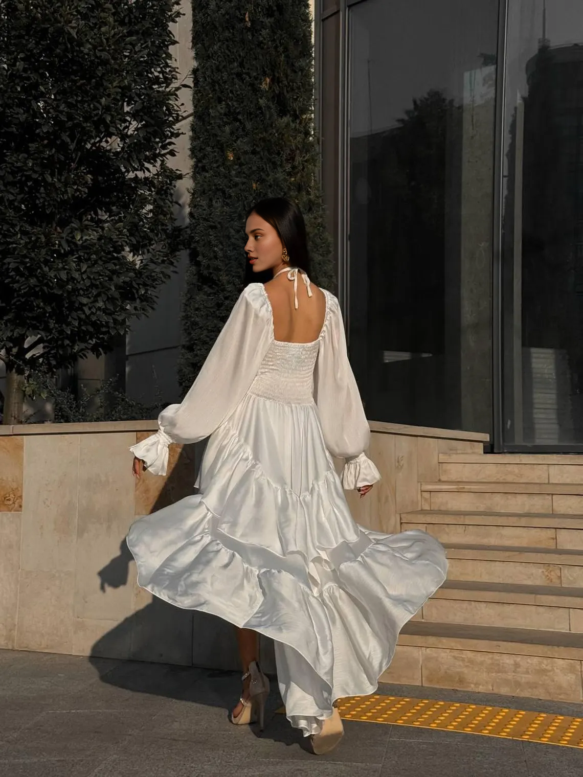 White Chiffon Corset Long Sleeves Straless Open Back A-line Hight Low Dress Wedding Dress
