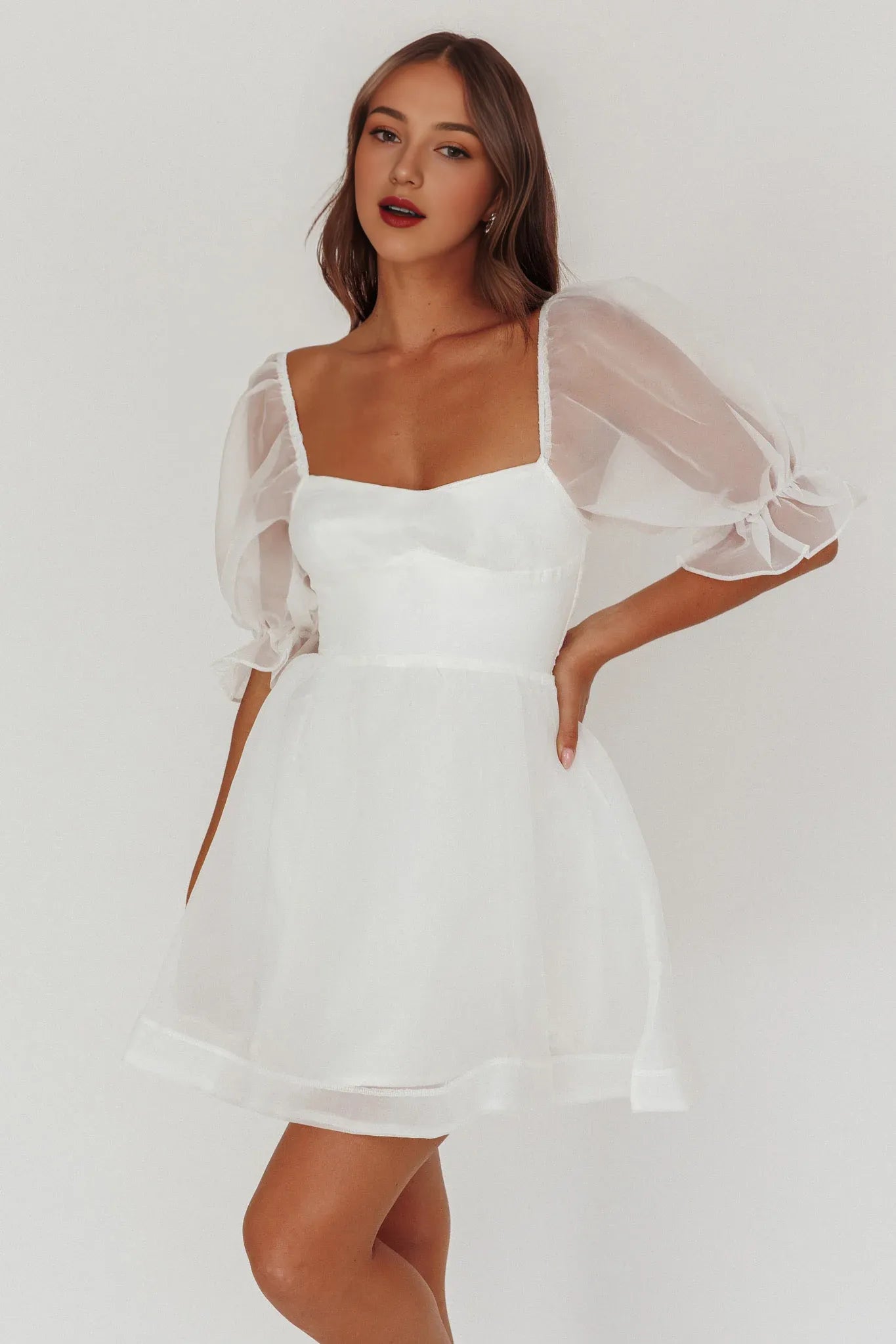 Weitese Dress Chic Pale Pink Organza Mini Dress Sweetheart Neck Puff Sleeves With Ruffle Cuffs And Cinched Waist Homecoming Dress