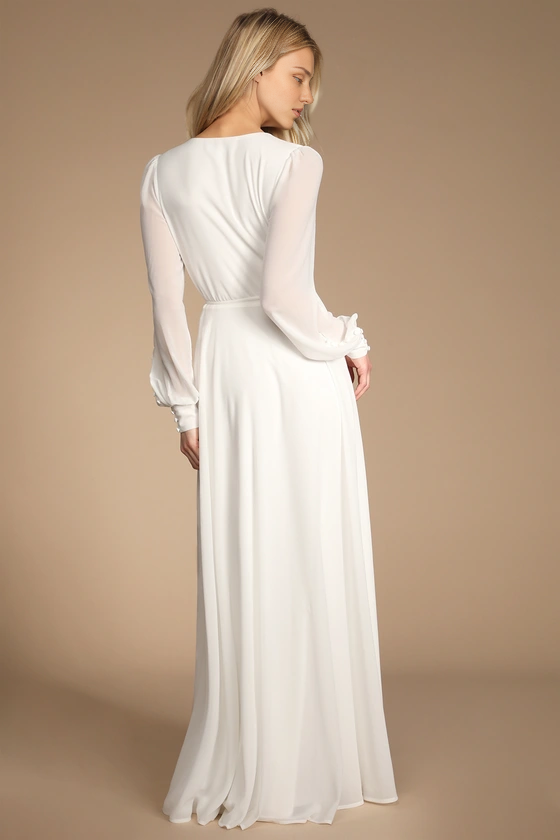 Weitese Formal Women's Dresses Deep V Neck White Long Sleeve Slit Wrap Dress Prom Dress Stores