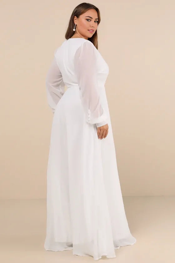 Weitese Formal Women's Dresses Deep V Neck White Long Sleeve Slit Wrap Dress Prom Dress Stores