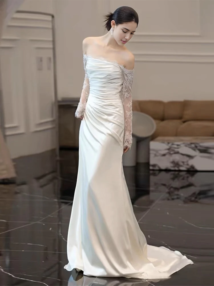 Weitese Formal Women's Dresses Lace Sleeves White Sheath Wedding Dress Prom Dress Store