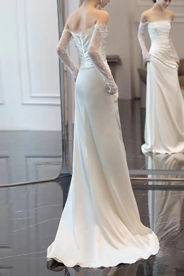 Weitese Formal Women's Dresses Lace Sleeves White Sheath Wedding Dress Prom Dress Store