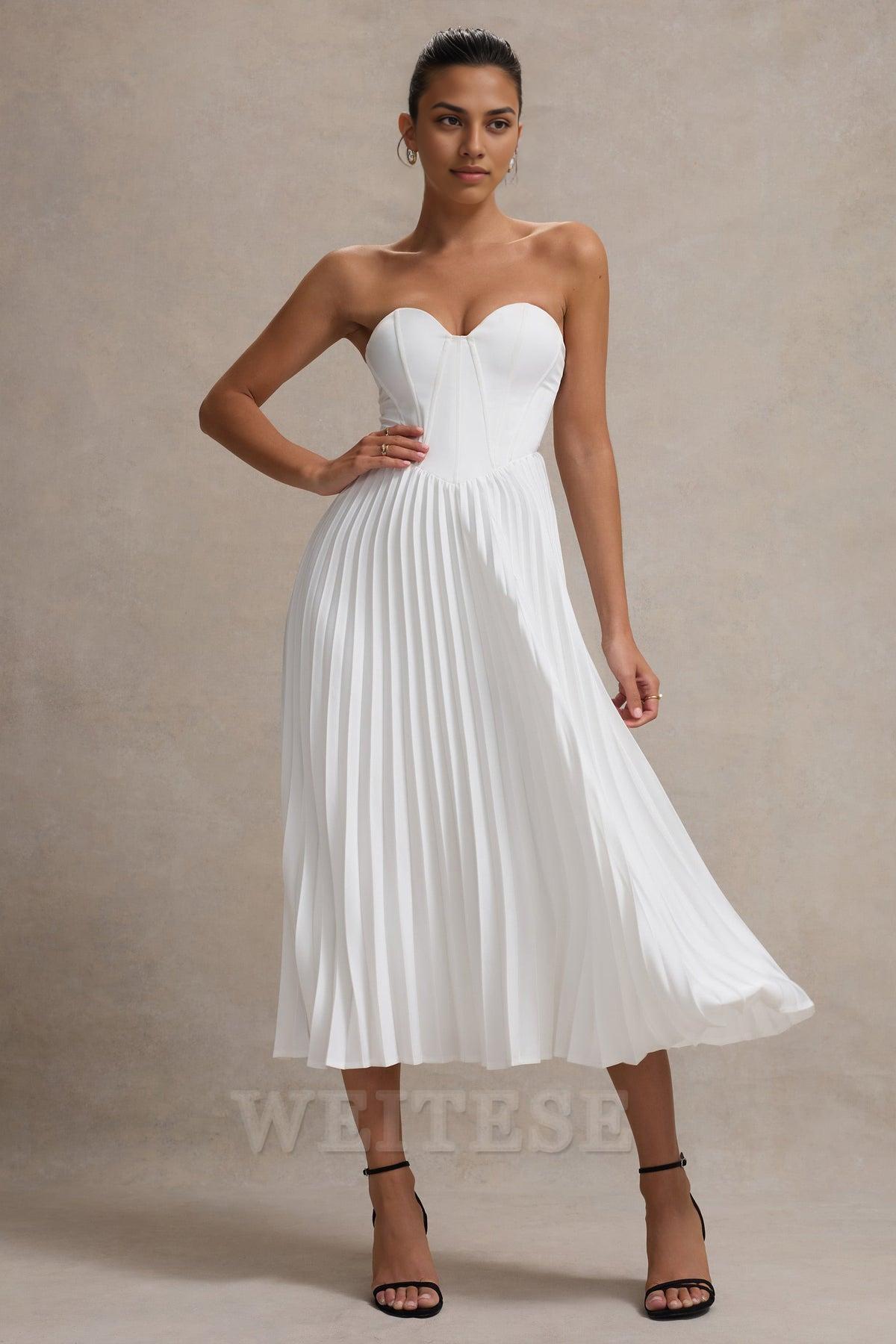 Weitese Dress Lemon Satin Corset Style Midi Dress Bridesmaid Dress Sweetheart Strapless A-line Pleated Prom Dress