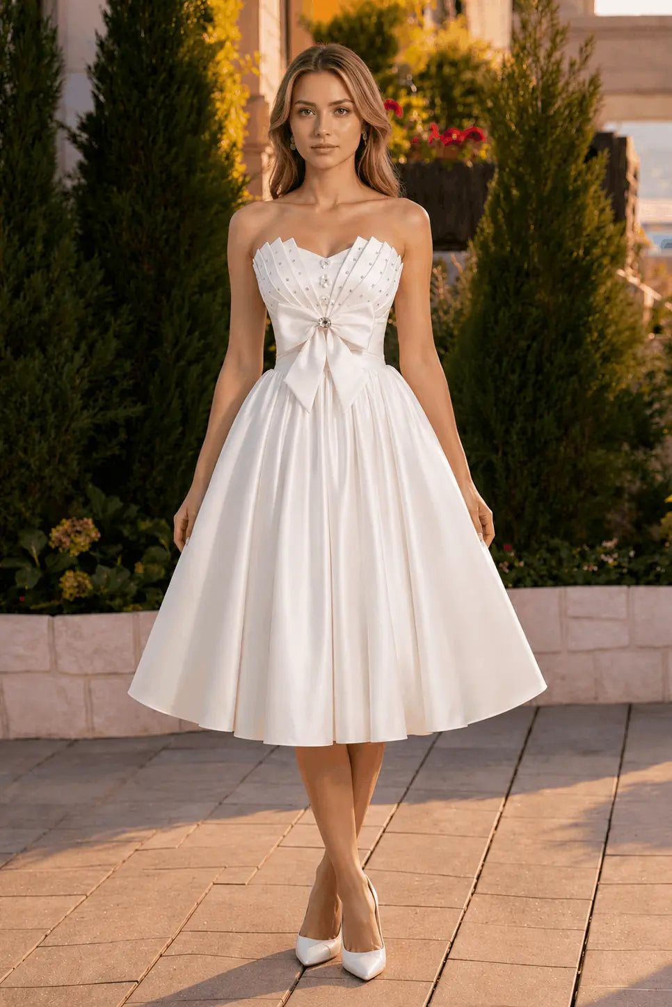 Strapless bow midi satin wedding party dress