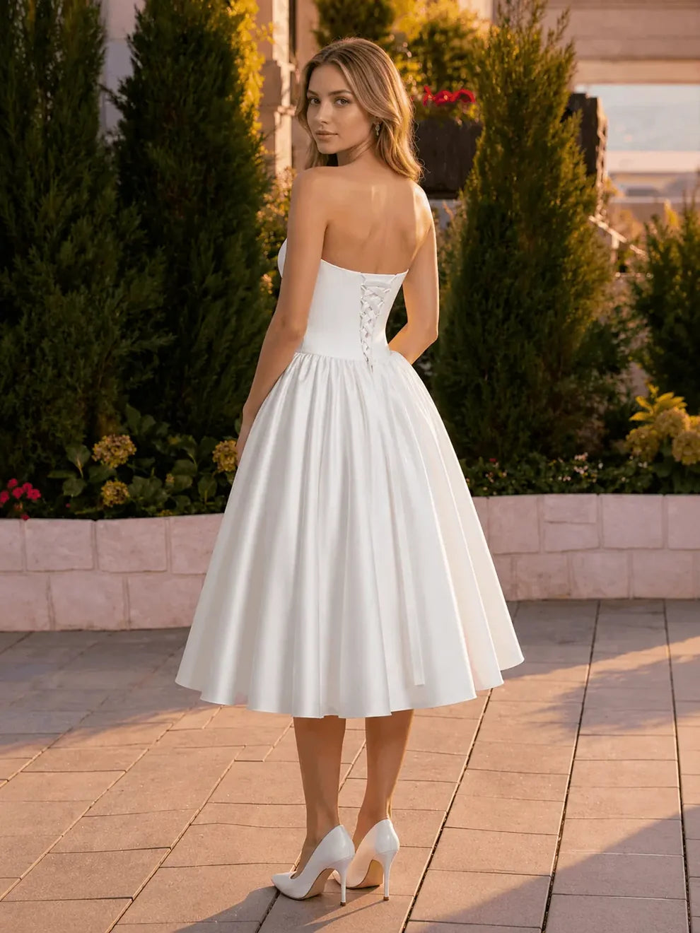 Strapless bow midi satin wedding party dress