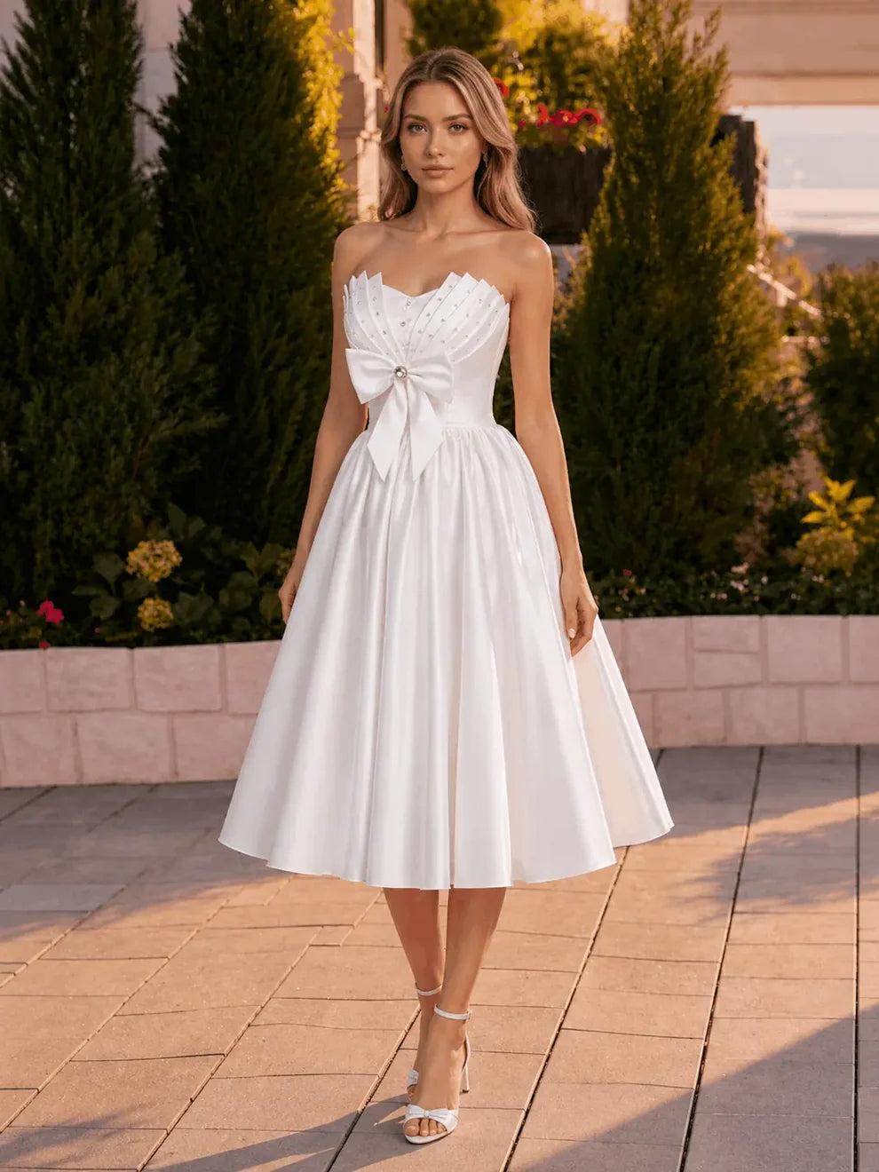 Strapless bow midi satin wedding party dress