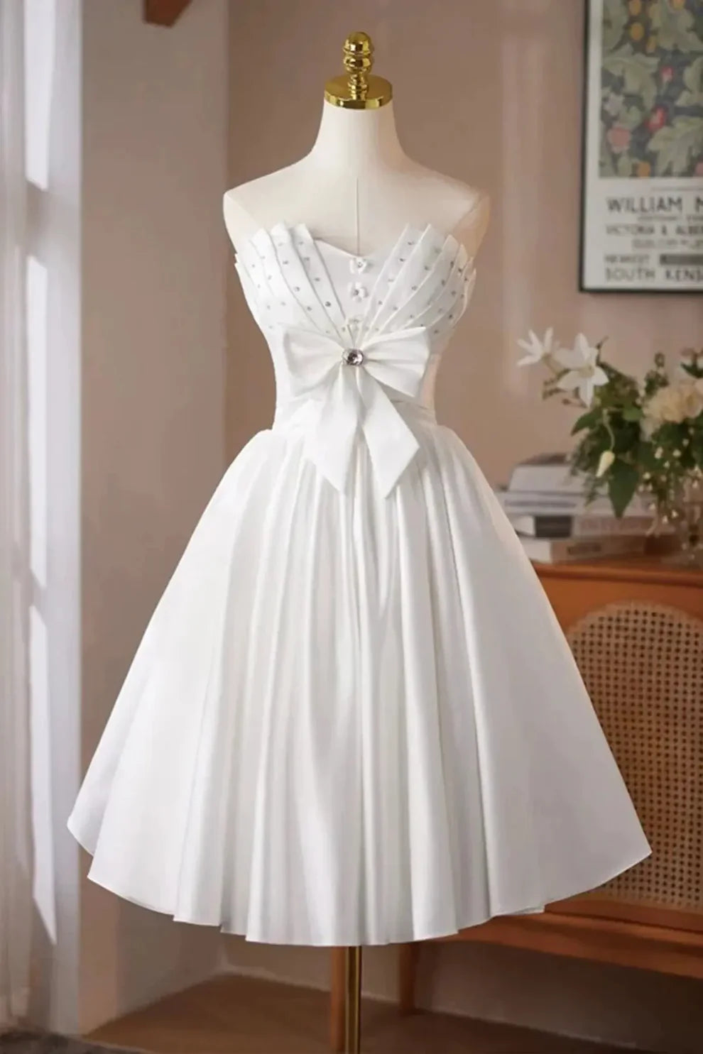 Strapless bow midi satin wedding party dress