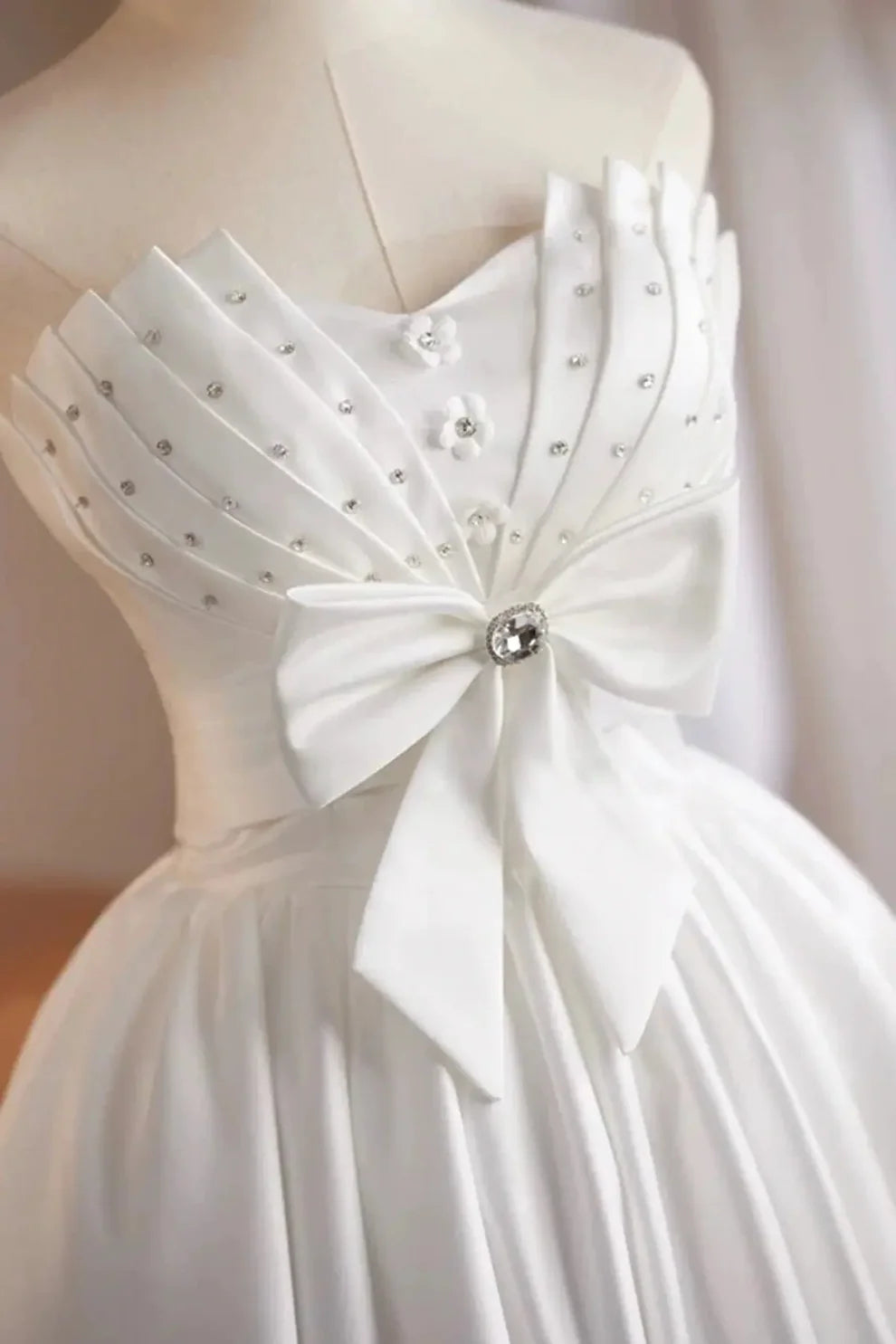 Strapless bow midi satin wedding party dress