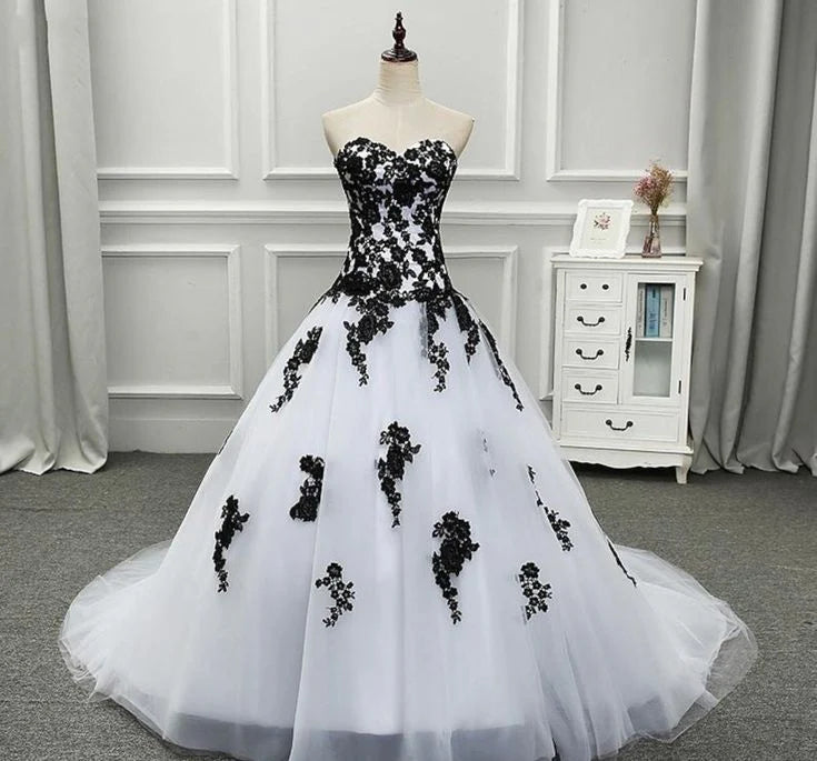 Weitese Formal Women's Dresses Strapless Beautiful White and Black Long Prom Dress Ball Gown Wedding Dress Prom Clothing