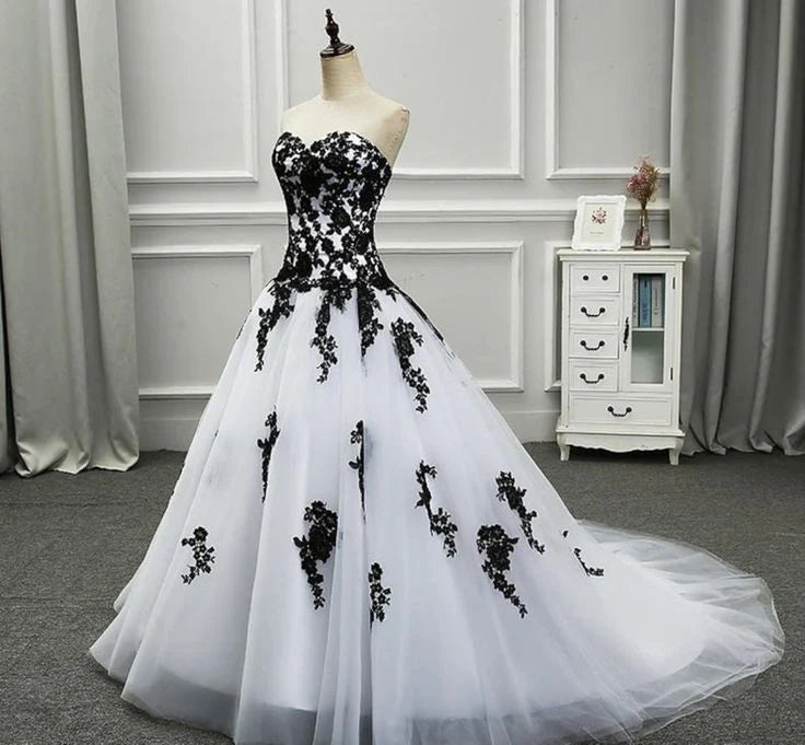 Weitese Formal Women's Dresses Strapless Beautiful White and Black Long Prom Dress Ball Gown Wedding Dress Prom Clothing