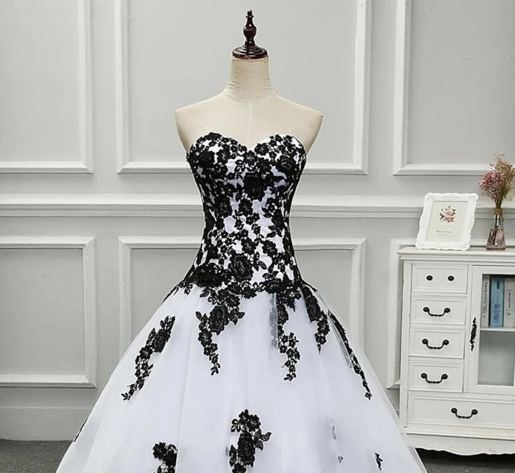 Weitese Formal Women's Dresses Strapless Beautiful White and Black Long Prom Dress Ball Gown Wedding Dress Prom Clothing