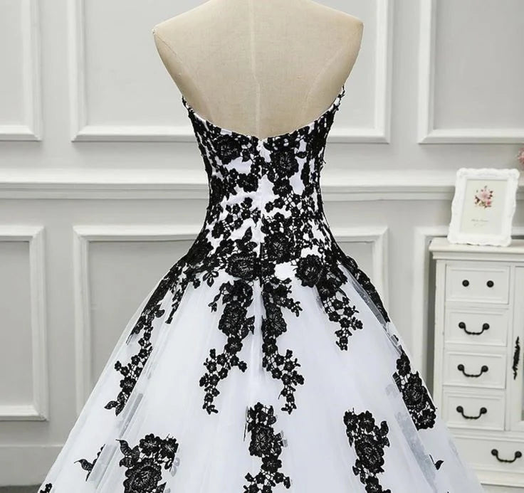 Weitese Formal Women's Dresses Strapless Beautiful White and Black Long Prom Dress Ball Gown Wedding Dress Prom Clothing
