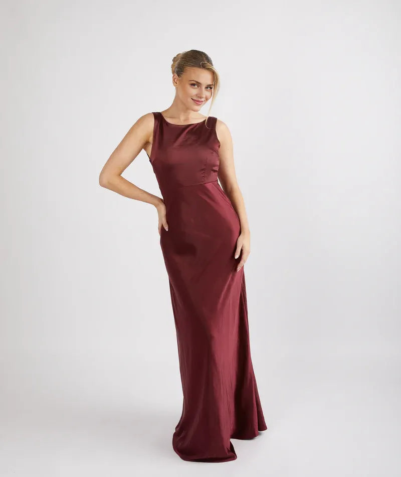 Weitese Dress Fashion Cowl Back Satin Bridesmaid Dress Maxi Dress Solid Color Champagne Boat Neck Sleeveless Prom Dress