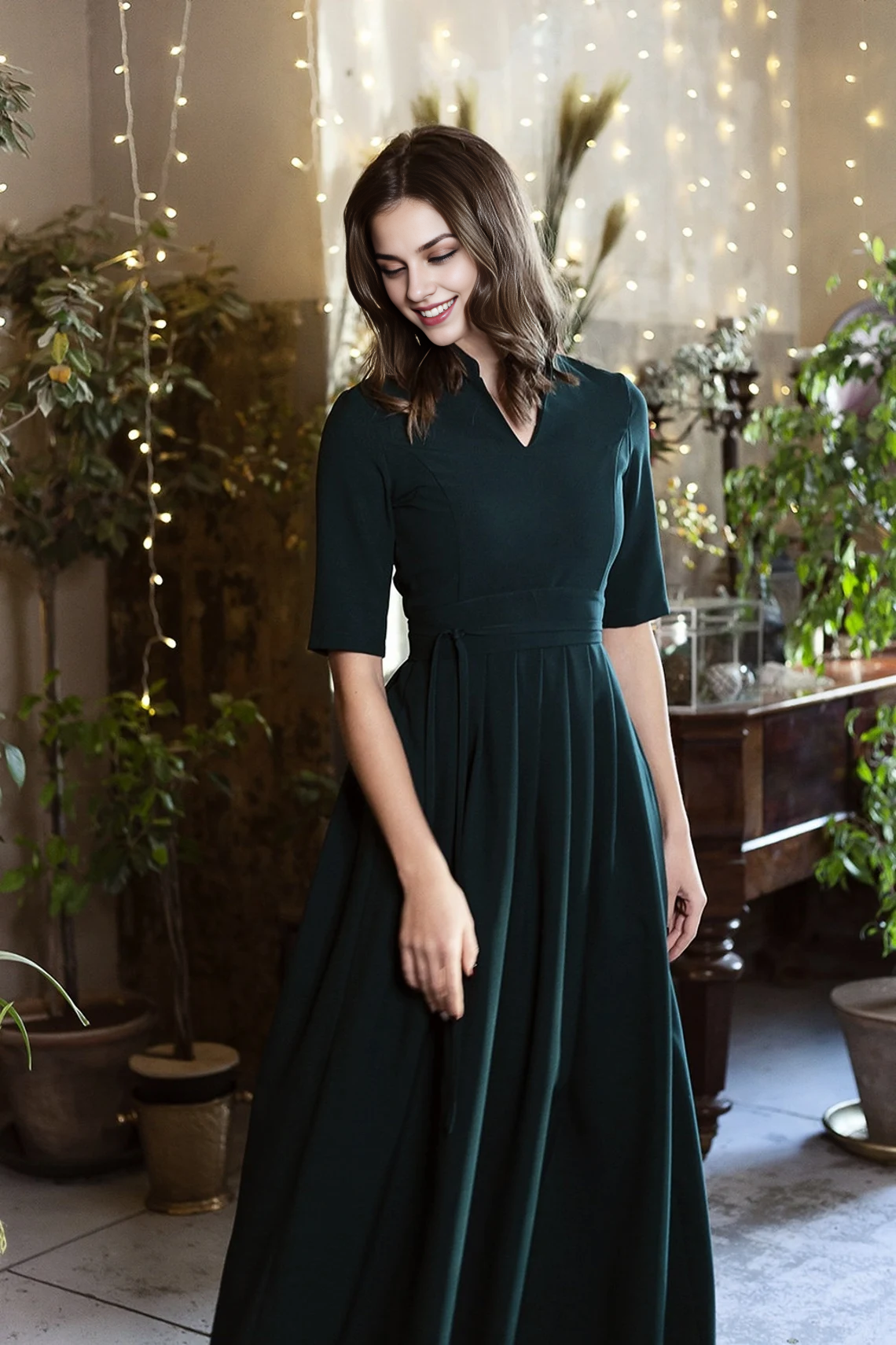 Robe de soirée longue vert foncé pour femme, robe longue plissée, grande taille, taille haute, robe de cocktail, robe de bal élégante 