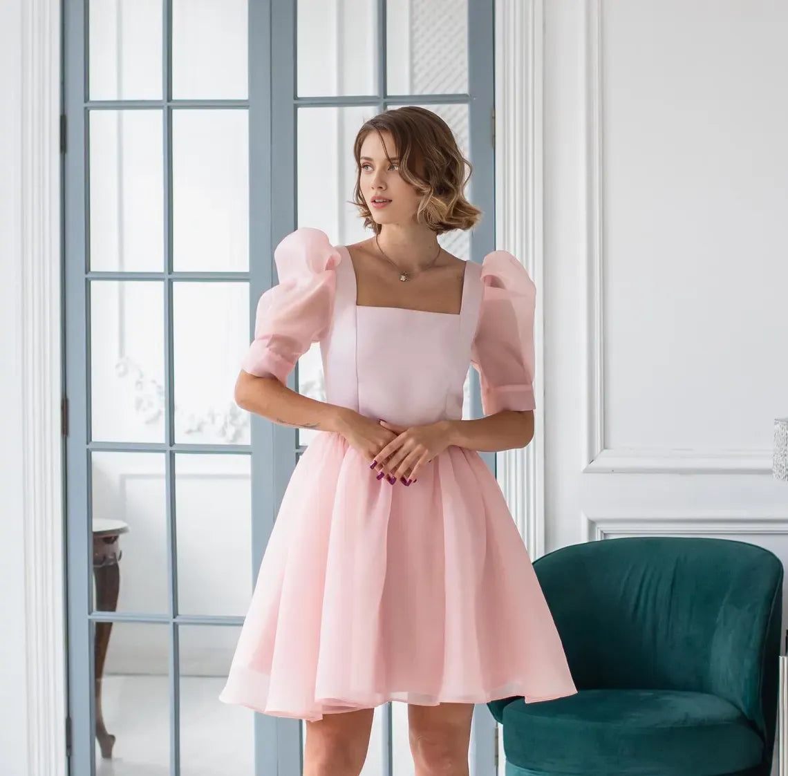 Robe de soirée à col carré pour femme, robe de demoiselle d'honneur, robe de cocktail courte trapèze, robe de bal bouffante, robe d'enterrement de vie de jeune fille, robe de soirée courte 