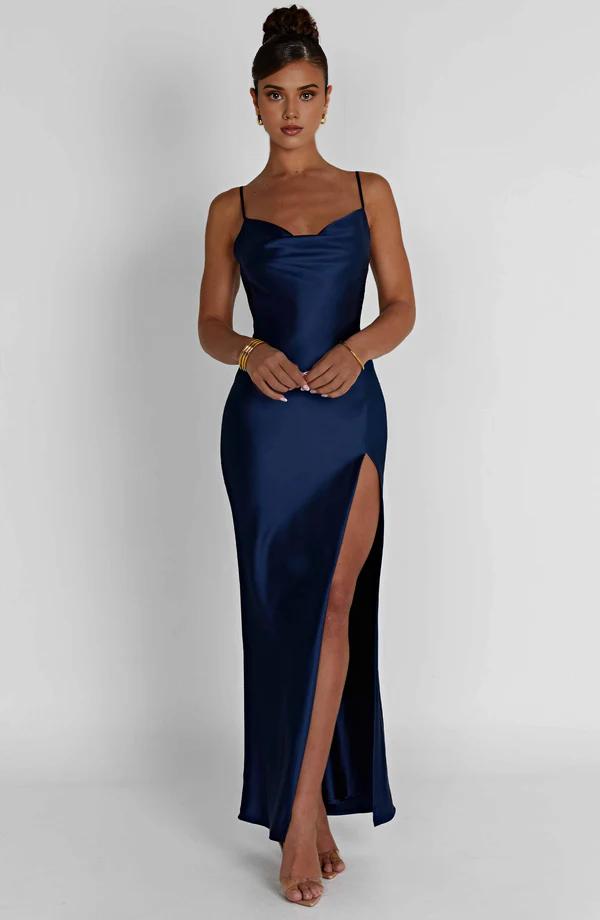 Women's Sexy Backless Side Slit Maxi Dress Spaghetti Straps Cowl Neck Wedding Party Formal Prom Dresses