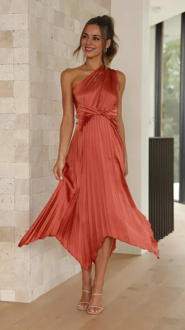 Women's Sleeveless Asymetrical Neck One Shoulder Pleated Dress Twist Waist Midi Length Party Evening Dress Elegant Dresses