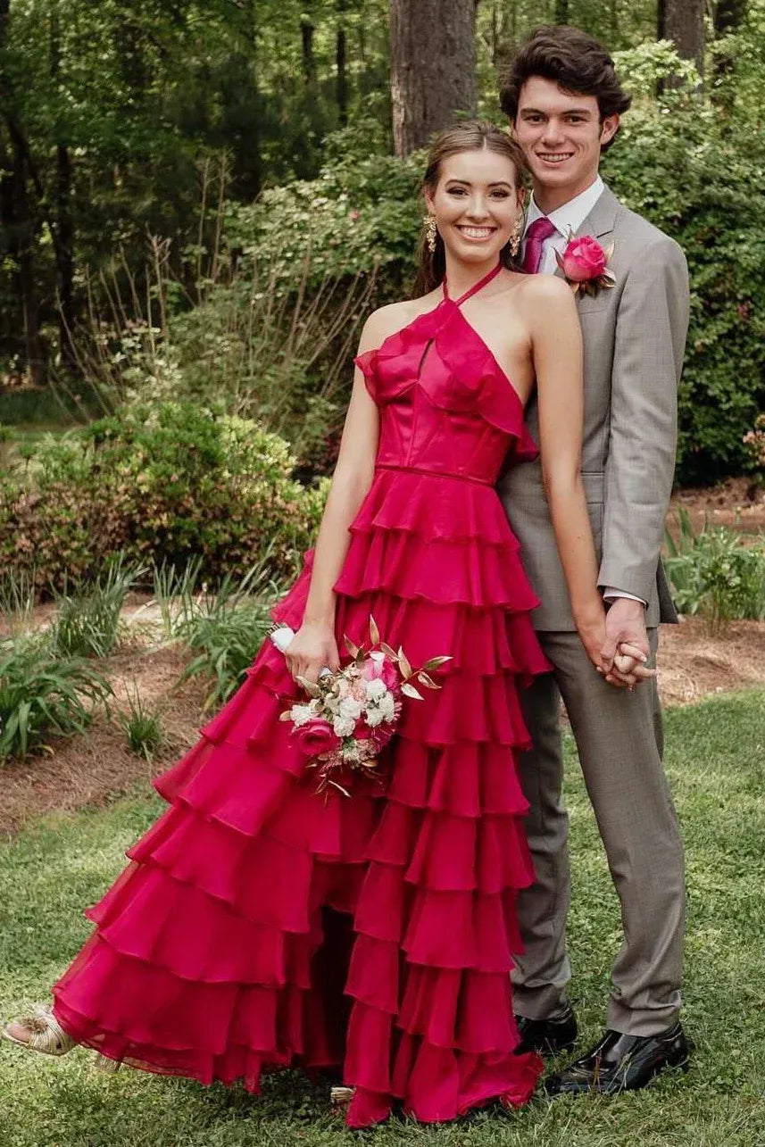 Wonderful Halter Sleeveless Empire A-Line Chiffon Tiered Long Prom Dress