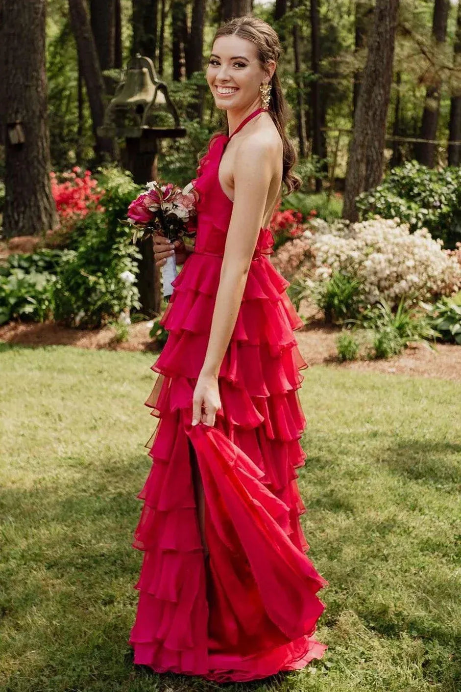 Wonderful Halter Sleeveless Empire A-Line Chiffon Tiered Long Prom Dress