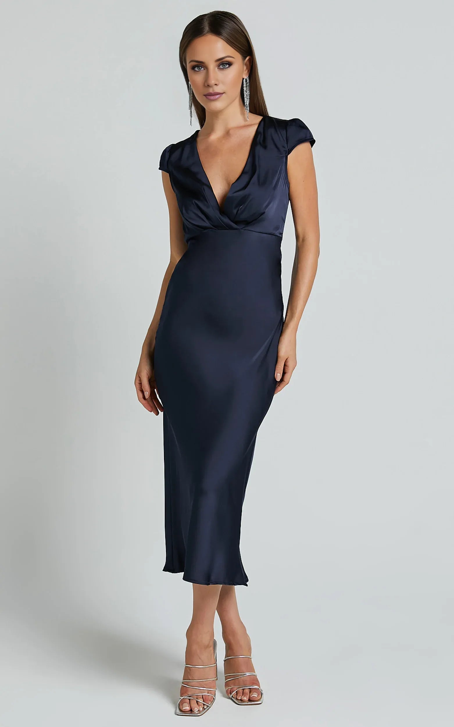 Wrap Front Cap Sleeve Satin Bias Cut Ankle-Length Dress Navy Sheath Solid Color Simple Satin Full Coverage Evening Dress