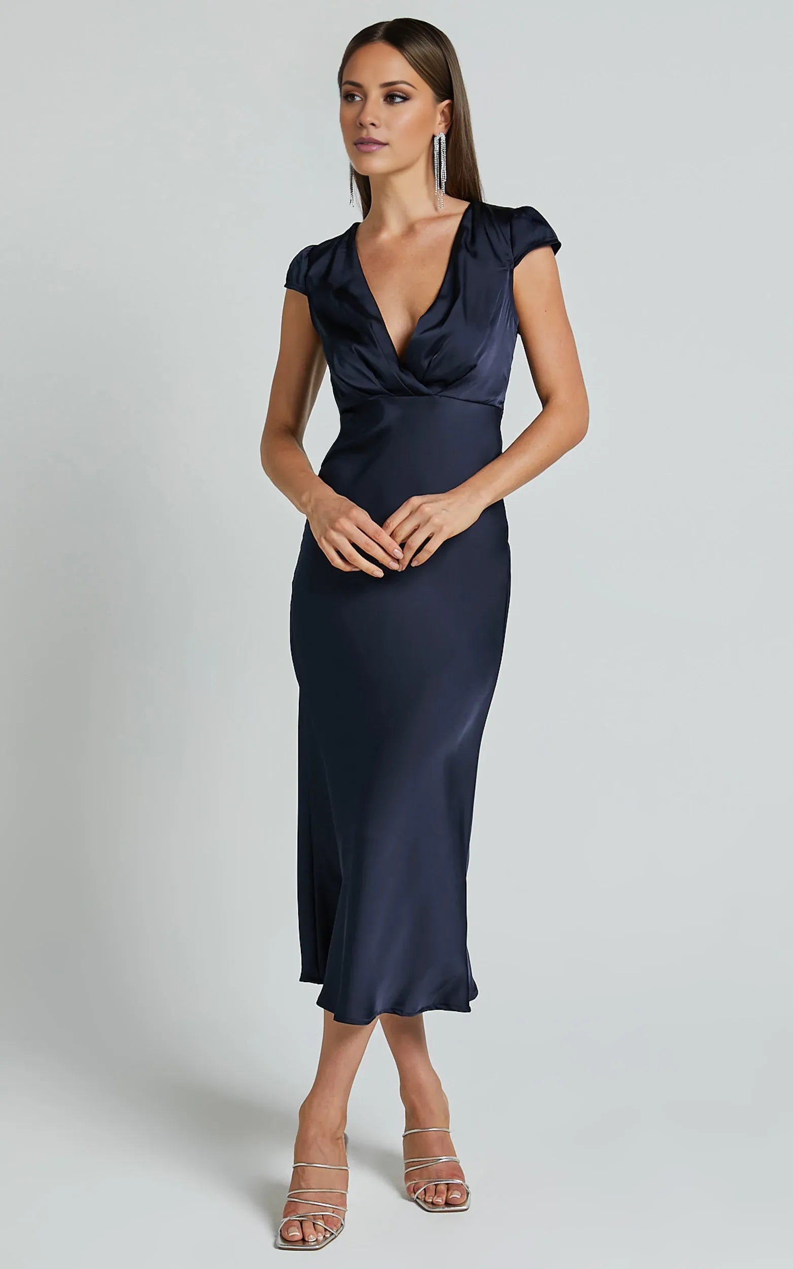 Wrap Front Cap Sleeve Satin Bias Cut Ankle-Length Dress Navy Sheath Solid Color Simple Satin Full Coverage Evening Dress