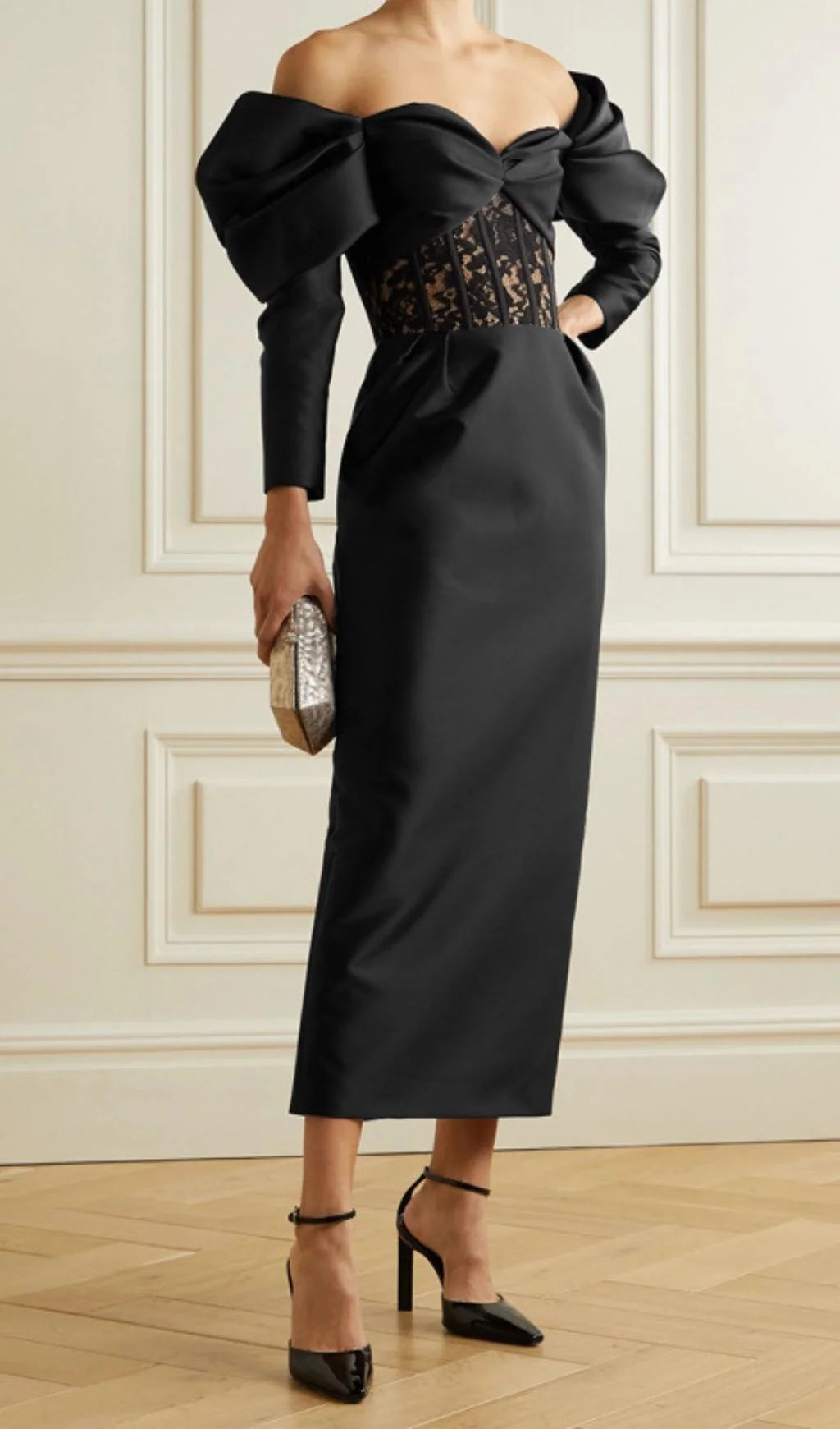 Off-the-Shoulder Back Slit Lace Strapless With Sleeves Prom Dress