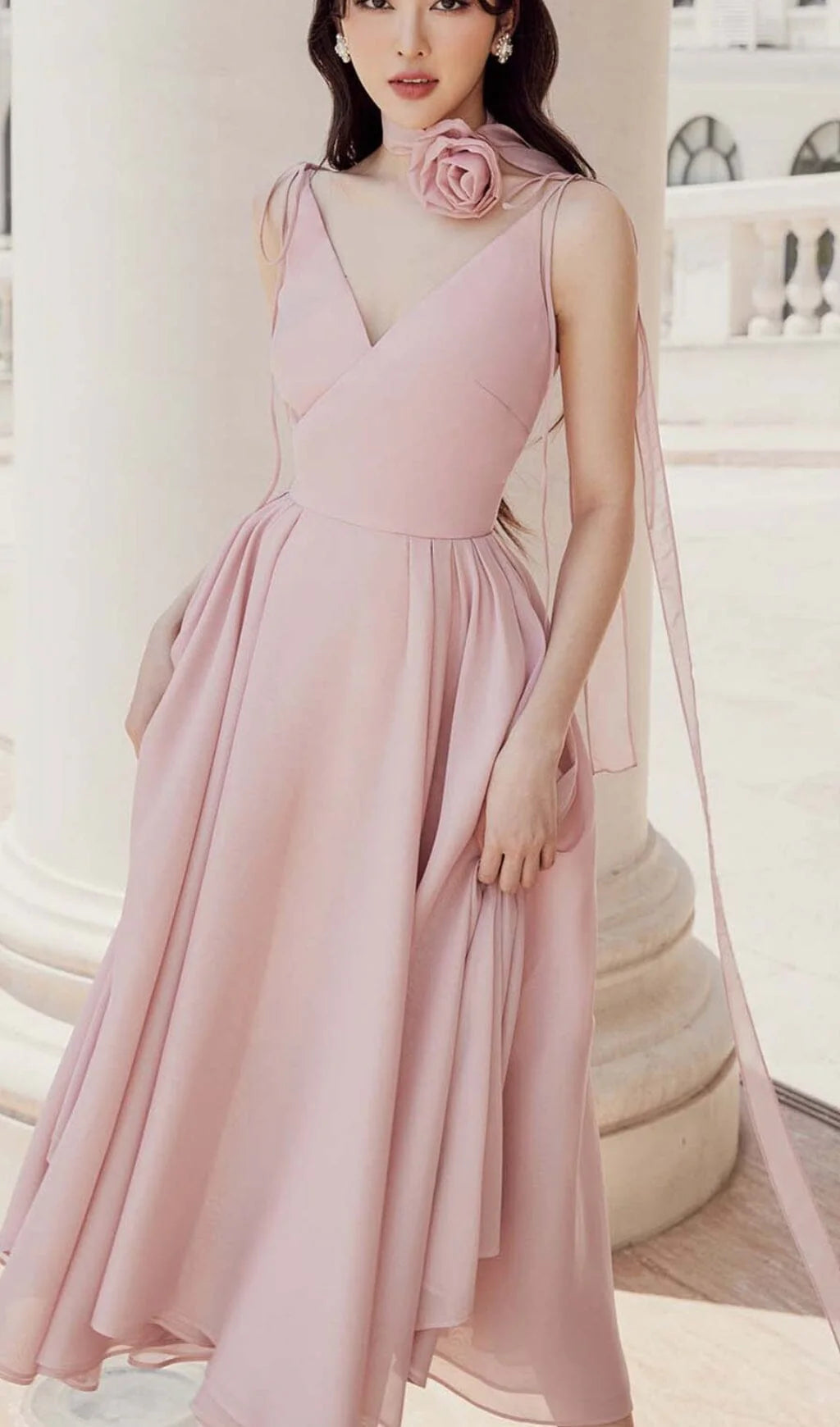 V-neck Lace Up Shoulder Strap Pink Thin Prom Dress