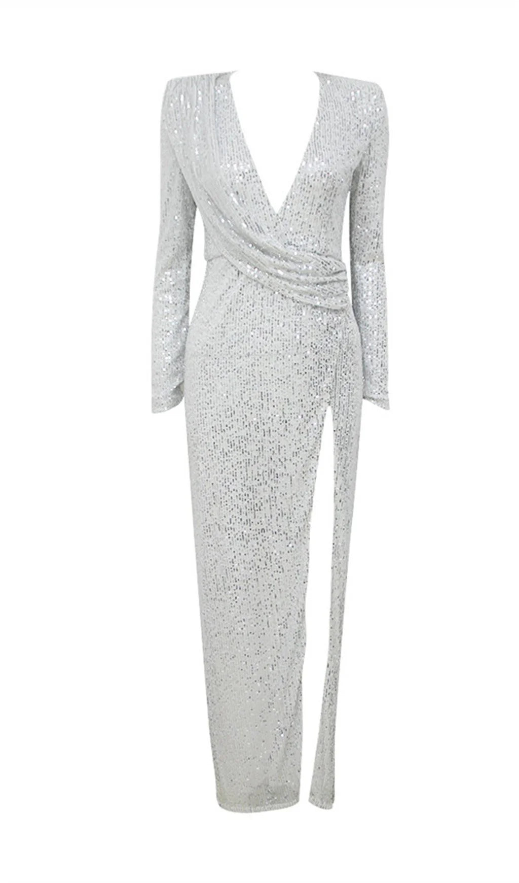 Silver Sequined V-neck Long Prom Dress